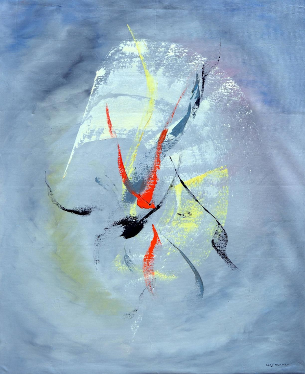 Abstrakte Malerei mit blauem Hintergrund, roten und gelben Akzenten, erstellt mit Acryl auf Leinwand in grauen Tönen.