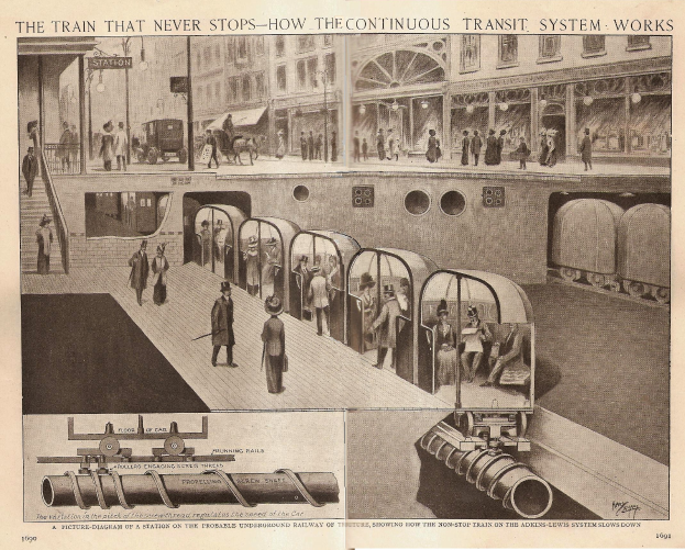 Ein Blatt mit Bildern von Menschen, Zügen und anderen Gegenständen und dem Text "Der Zug, der nie aufhört - wie das kontinuierliche Transportsystem funktioniert".