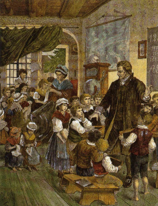 Ein Bild mit dem Titel "Die Lehrerklasse" von William Hogarth, das einen Mann vor einer Klasse mit Kindern zeigt, einige sitzen auf Bänken und andere stehen, mit einer Tafel, einem Foto, einem Fenster, einem Vorhang und einem Dach auf der rechten Seite.