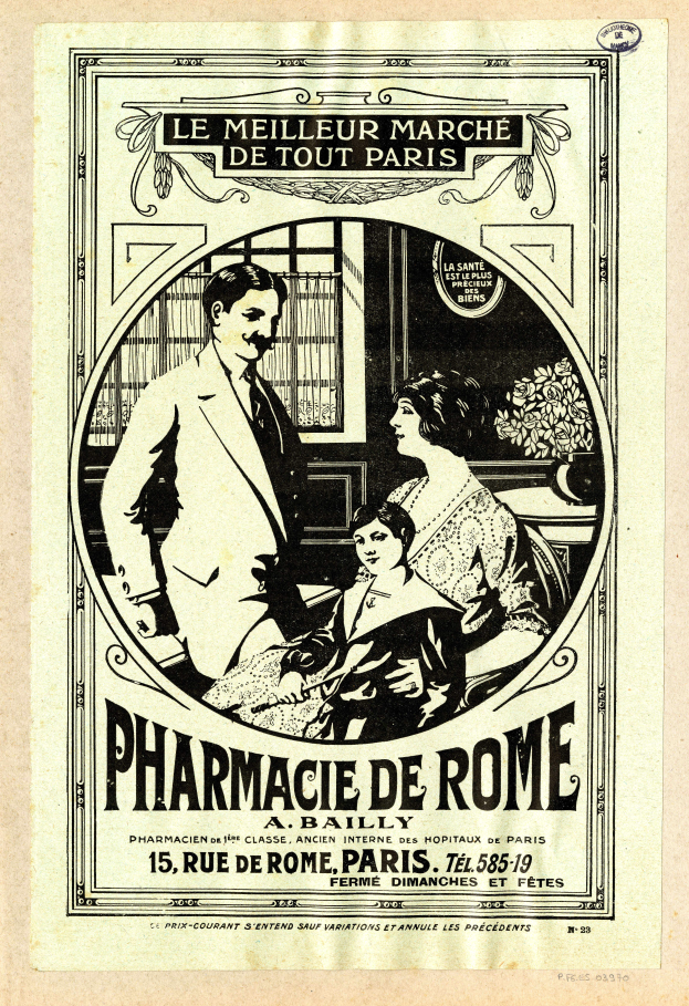 Eine alte Werbung für eine Apotheke in Rom, die einen Mann und eine Frau zeigt, die nebeneinander stehen, mit Text, der die Apotheke und ihre Dienstleistungen beschreibt.