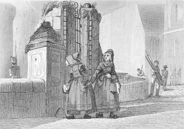 Schwarze Und Weiße Gravur Von Zweien Frauen, Die Vor Einem Gebäude Stehen, Mit Einigen Anderen Leuten Im Hintergrund, Betitelt "Victorian Women In The City Of London".