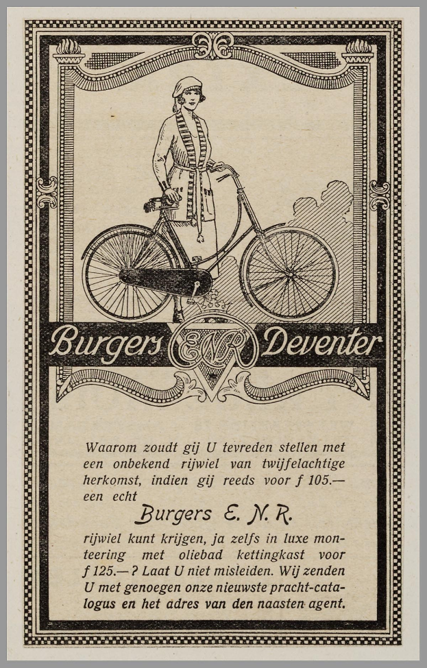Alte Werbeplakat für Burgers Deventer zeigt eine Frau auf einem Fahrrad mit Text, der die Merkmale beschreibt.