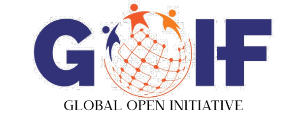 Ein blauer Kreis mit einem weißen Golfball in der Mitte, umgeben von einem weißen Ring mit den blauen Worten "Global Open Initiative", vor einem weißen Hintergrund.