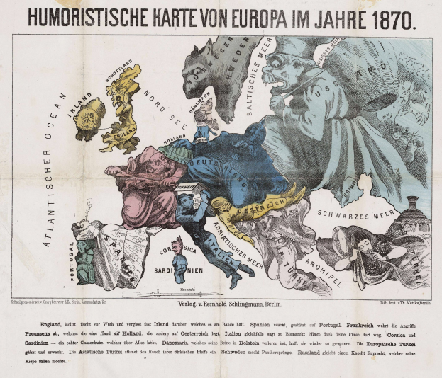 Plakat mit der Aufschrift 'Humoristische Karte von Europa im Jahre 1870' zeigt eine zentrale Europakarte umgeben von Cartoon-Illustrationen und Text.